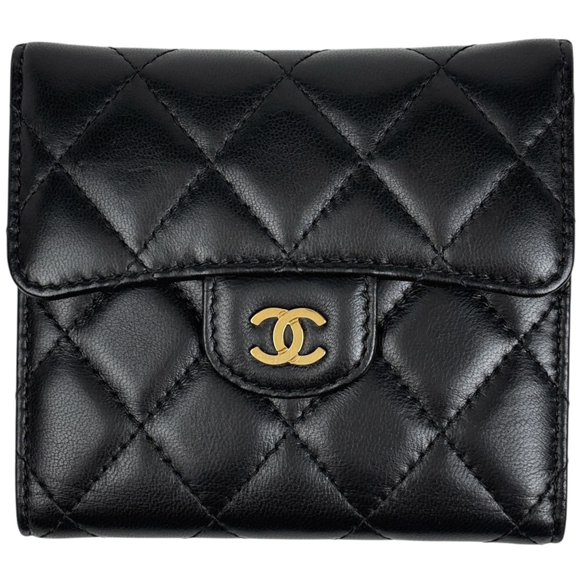 シャネル CHANEL ココマーク 三つ折り 財布 マトラッセ レザー ブラック レディース 【中古】
