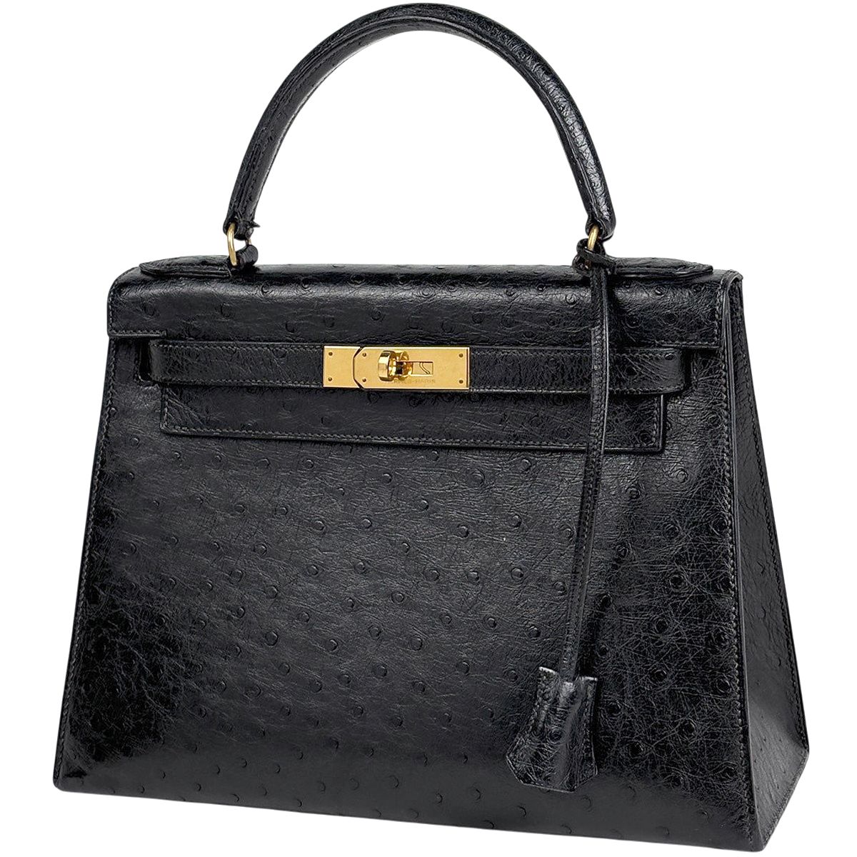 エルメス HERMES ケリー28 外縫い ハンドバッグ オーストリッチ ブラック 〇O レディース 【中古】