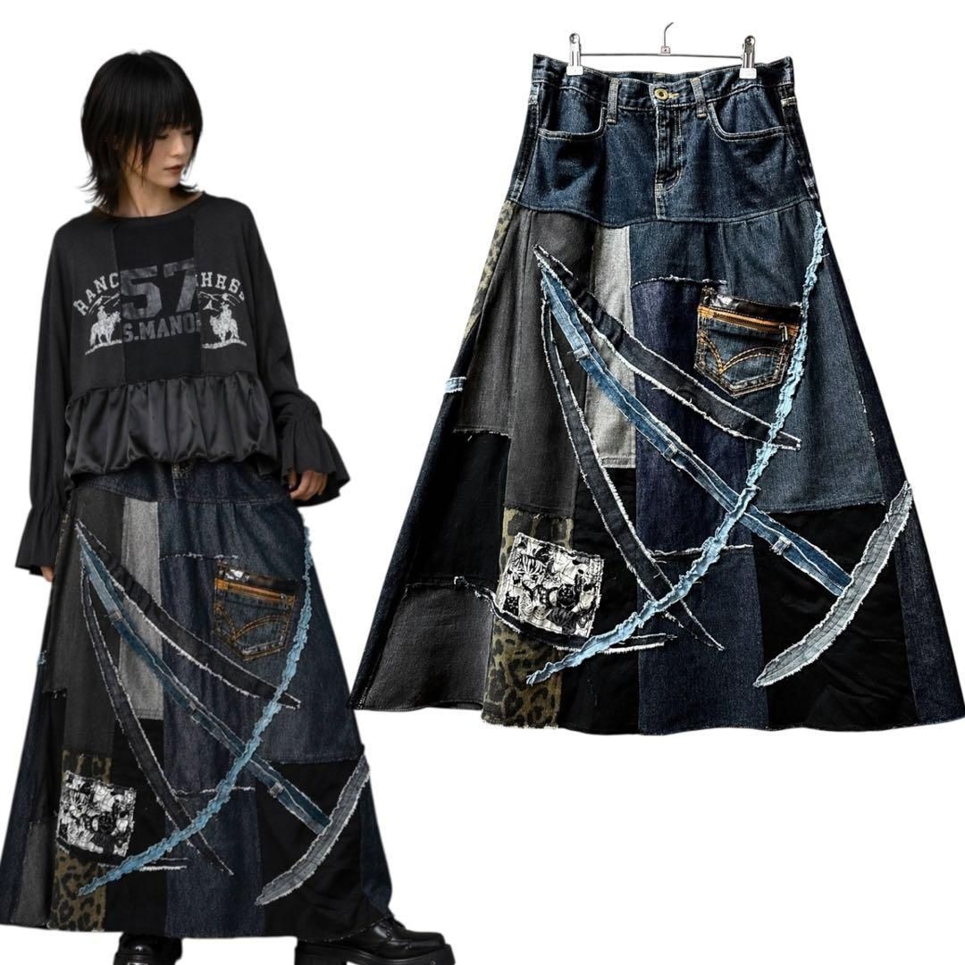 RMK DENIM｜1点物｜贅沢コラージュデニムスカート｜W72｜古着リメイク