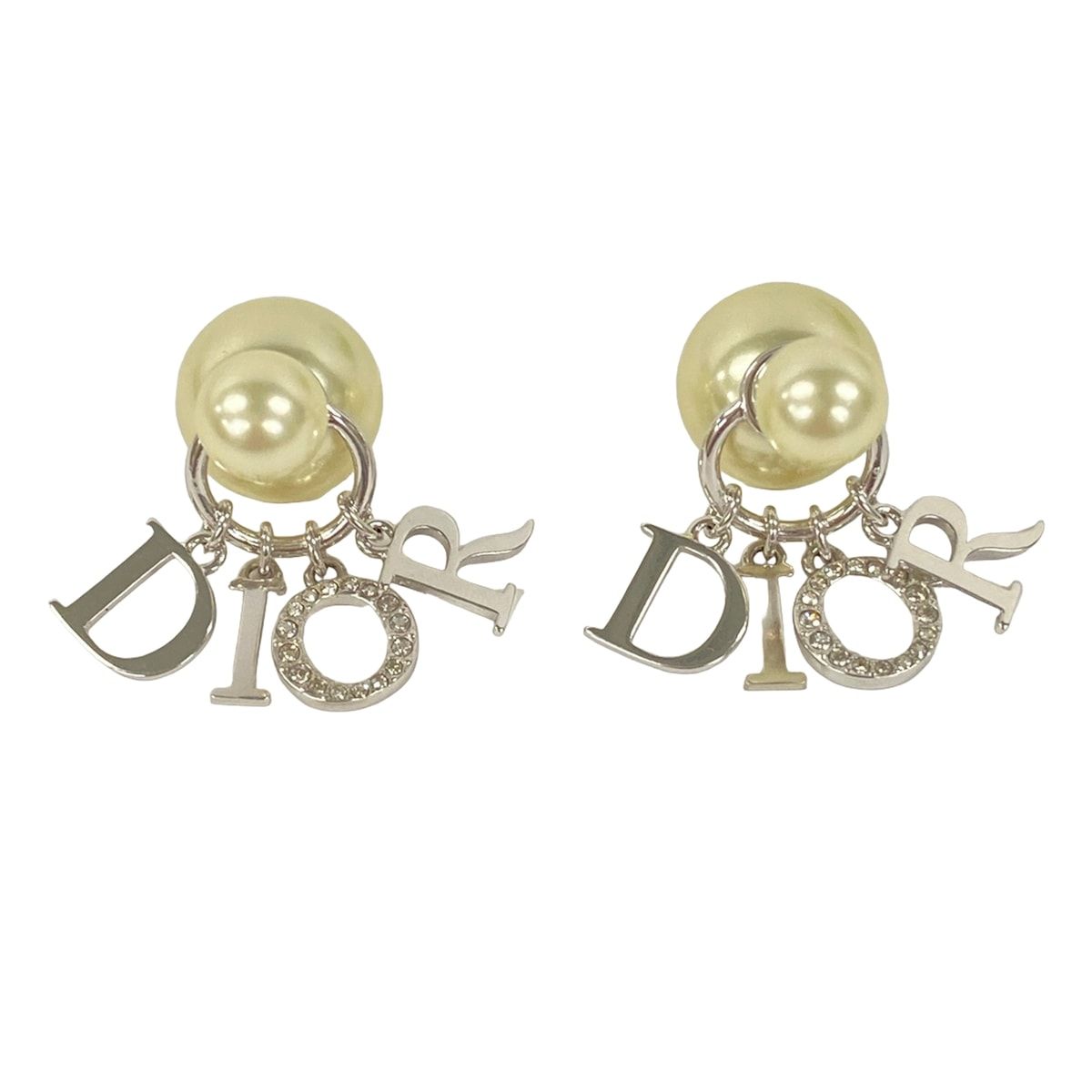 DIOR/ChristianDior(ディオール/クリスチャンディオール) ピアス美品 トライバルボール シルバー×アイボリー×クリア Diorモチーフ