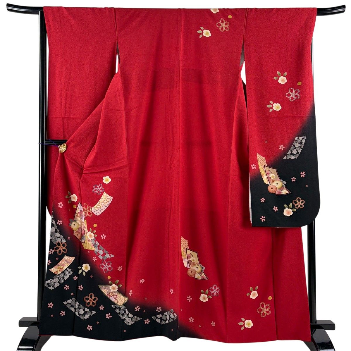 振袖 身丈163.5cm 裄丈67cm M 正絹 美品 秀品 振袖 身丈163.5cm 裄丈67cm M 袷 やまと 短冊 草花 金彩 染め分け 赤