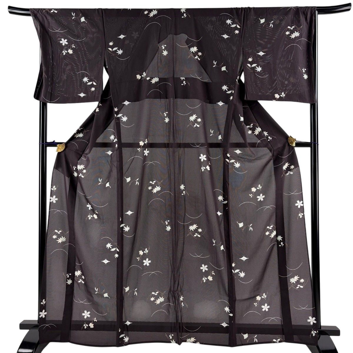 小紋 身丈165cm 裄丈69.5cm L 薄物 絽 吹き寄せ 芝 焦茶色 正絹 秀品 【中古】