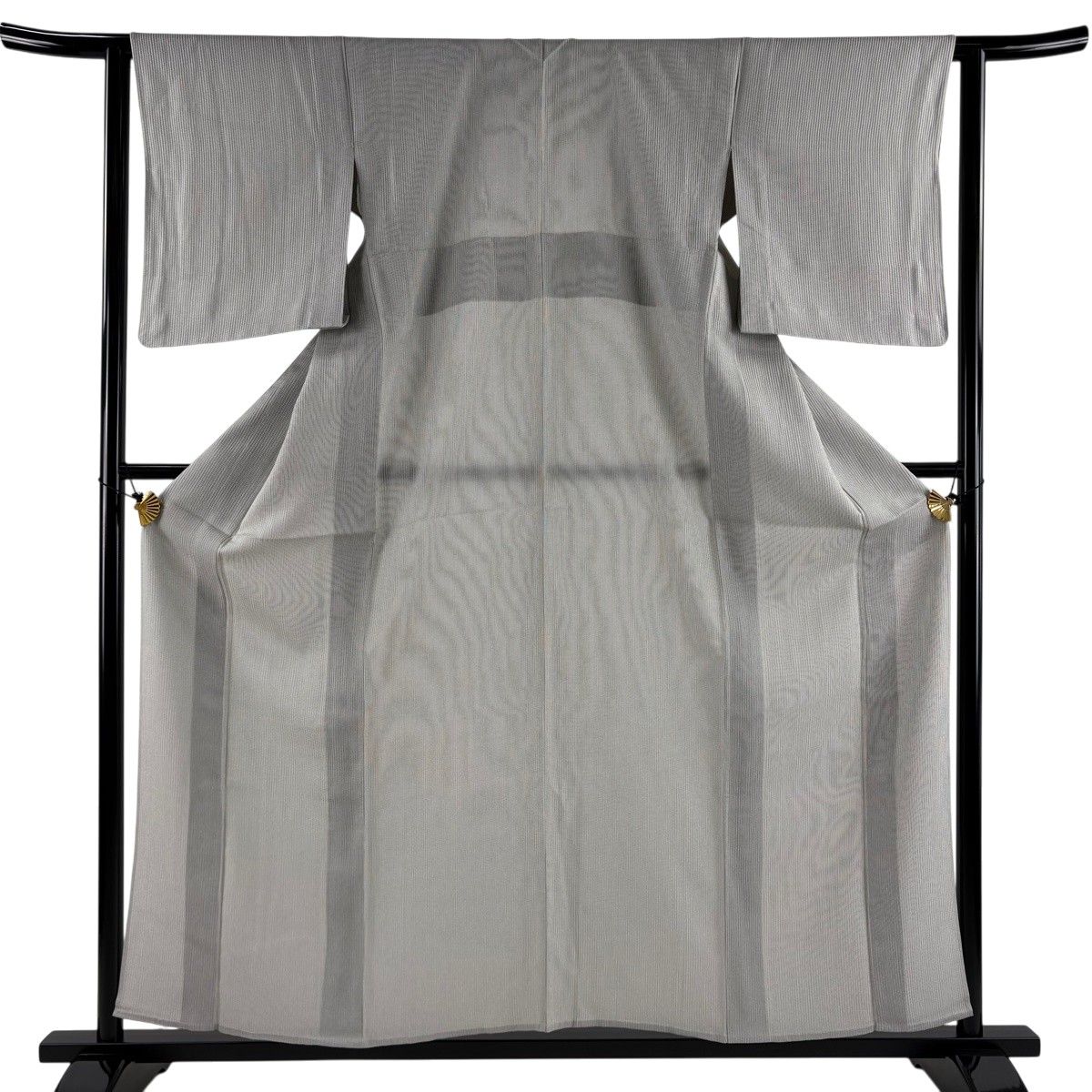 【美品】 紬 身丈157cm 裄丈62cm S 単衣 格子 灰色 正絹 秀品 【中古】