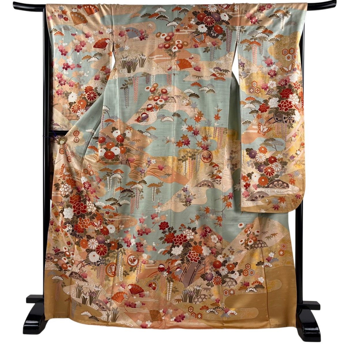 振袖 身丈168.5cm 裄丈67cm M 袷 蝶 花車 金糸 金彩 薄緑 正絹 秀品 【中古】