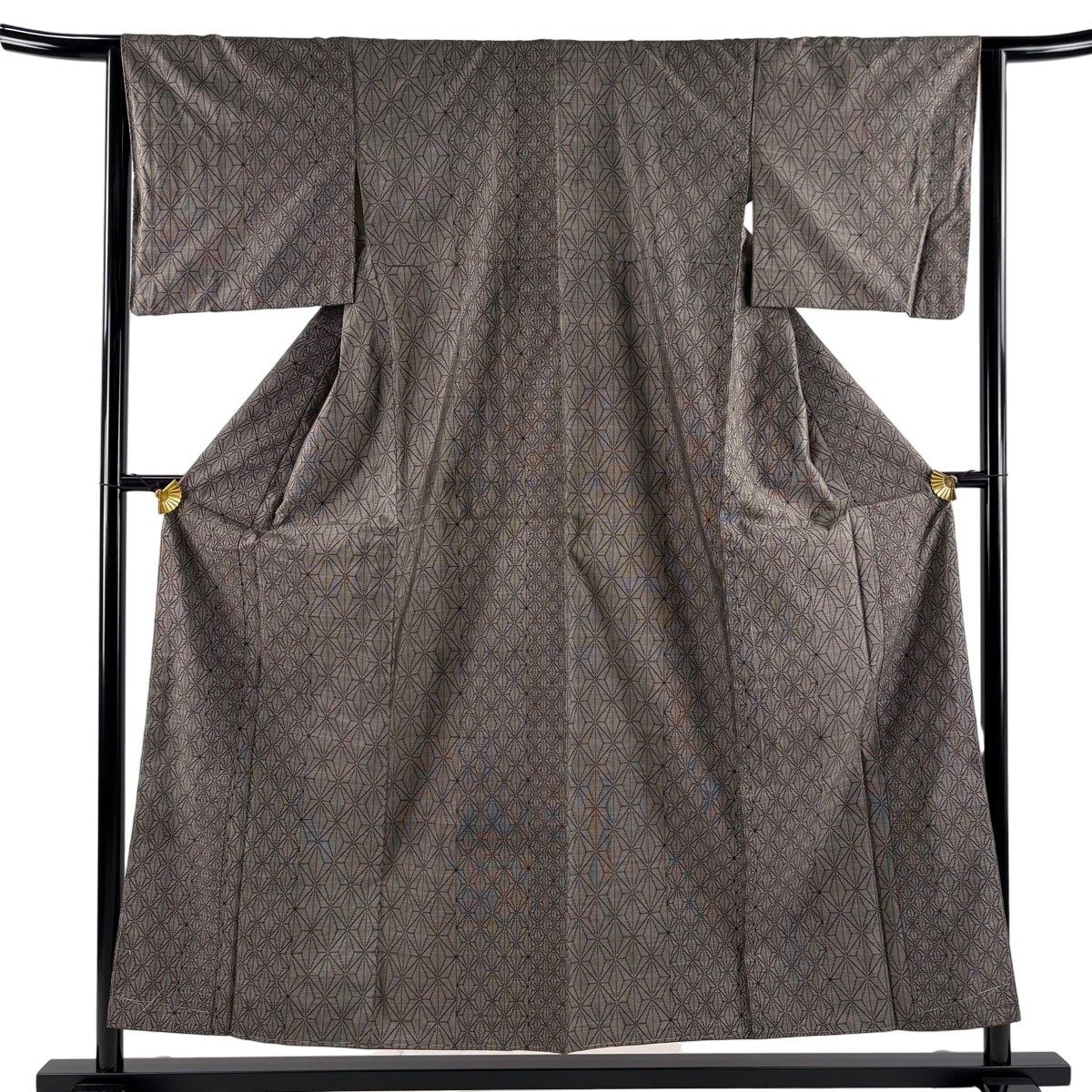 【美品】 紬 身丈155.5cm 裄丈64.5cm M 袷 麻の葉 菱 焦茶色 正絹 秀品 【中古】