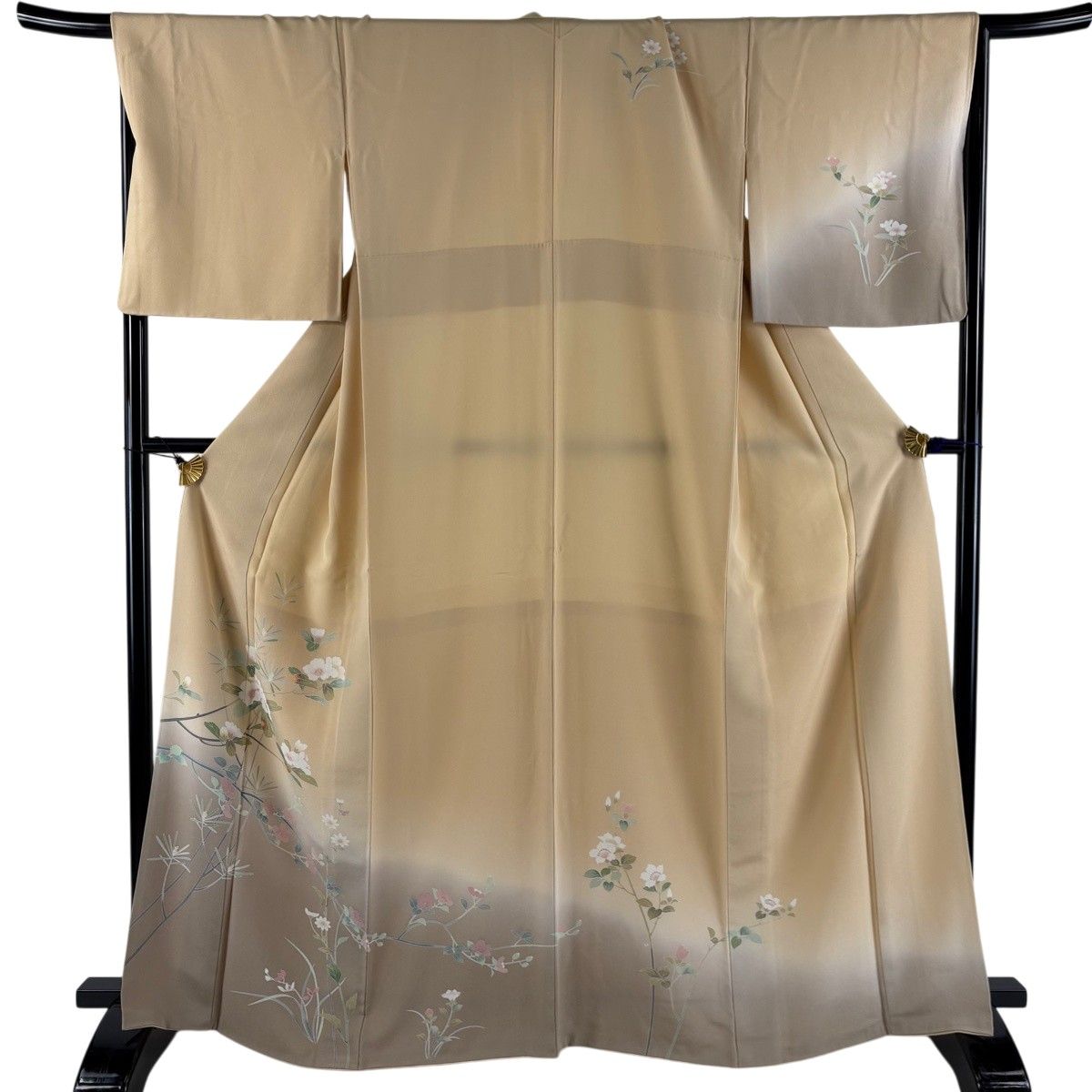 【美品】 訪問着 身丈166.5cm 裄丈67cm M 袷 枝花 草花 染め分け ぼかし ベージュ 正絹 秀品 【中古】