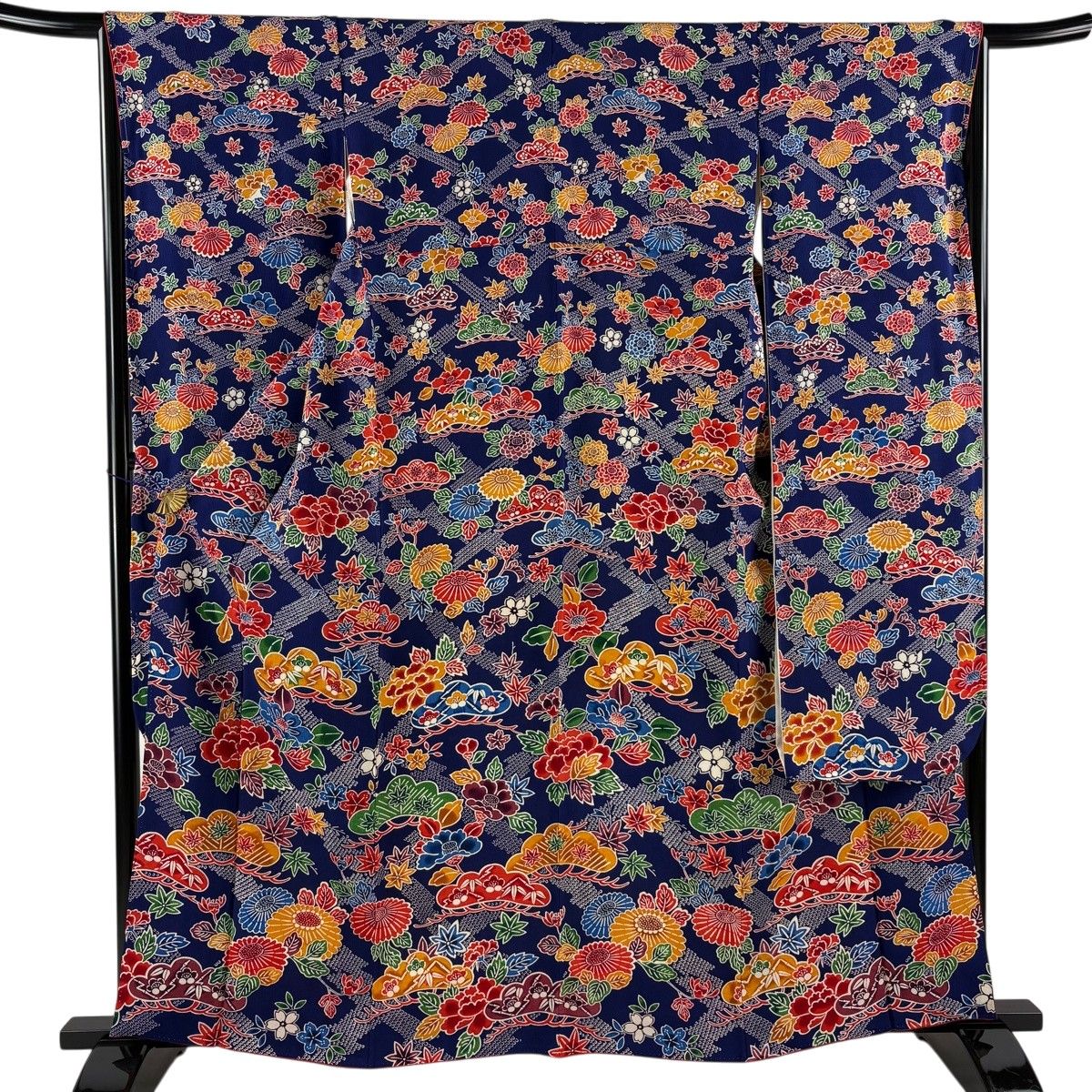 振袖 身丈162cm 裄丈64cm M 袷 笠松 牡丹 縮緬 青紫 正絹 秀品 【中古】
