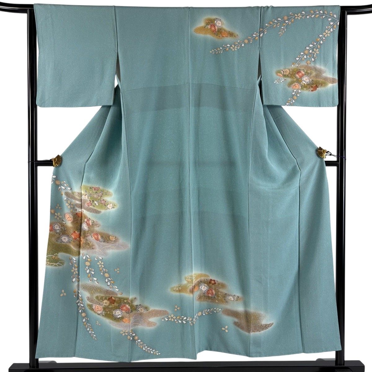 訪問着 身丈153.5cm 裄丈64cm M 袷 霞 草花 金彩 ぼかし 薄青緑 正絹 秀品 【中古】