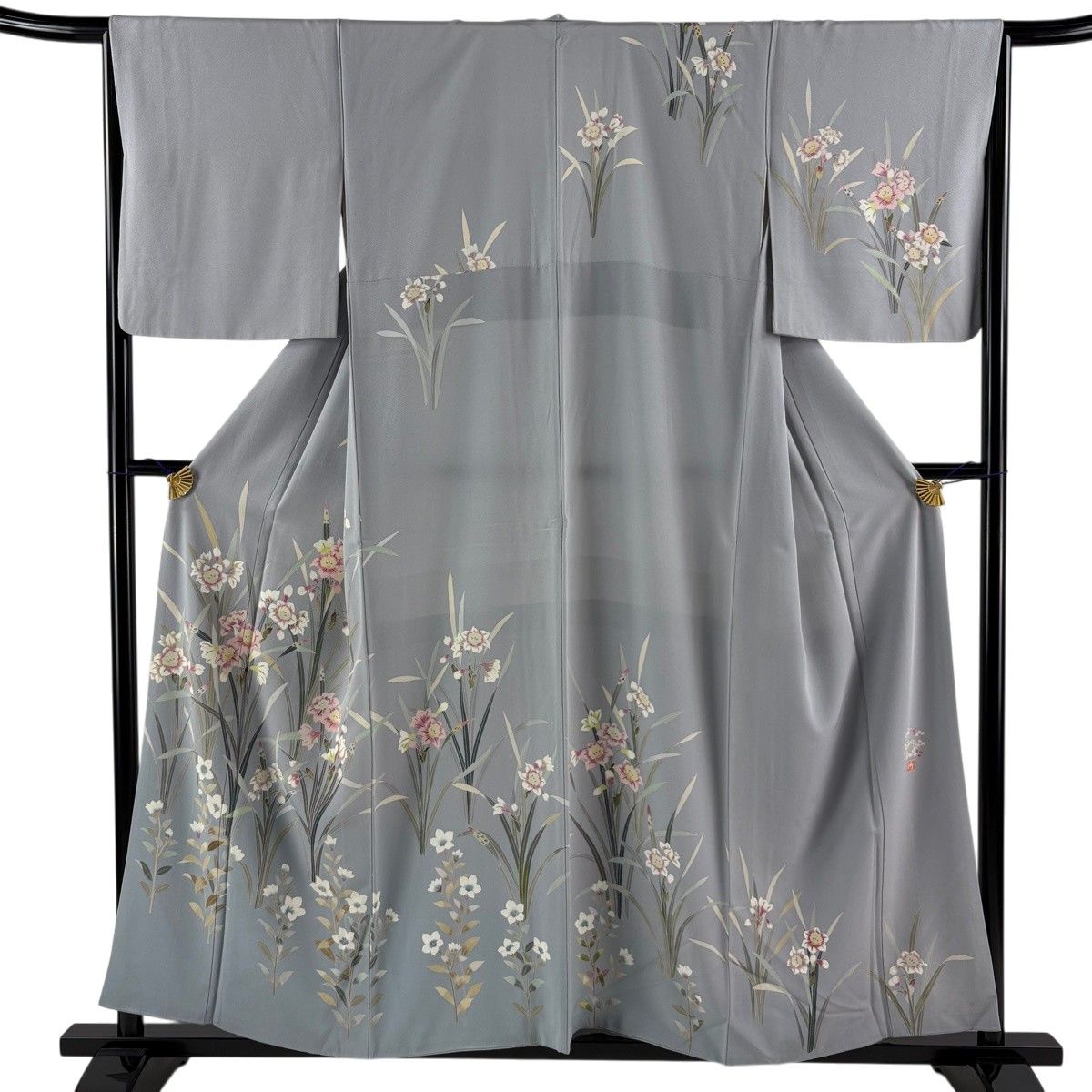 訪問着 身丈157cm 裄丈65cm M 袷 落款 草花 灰色 正絹 秀品 【中古