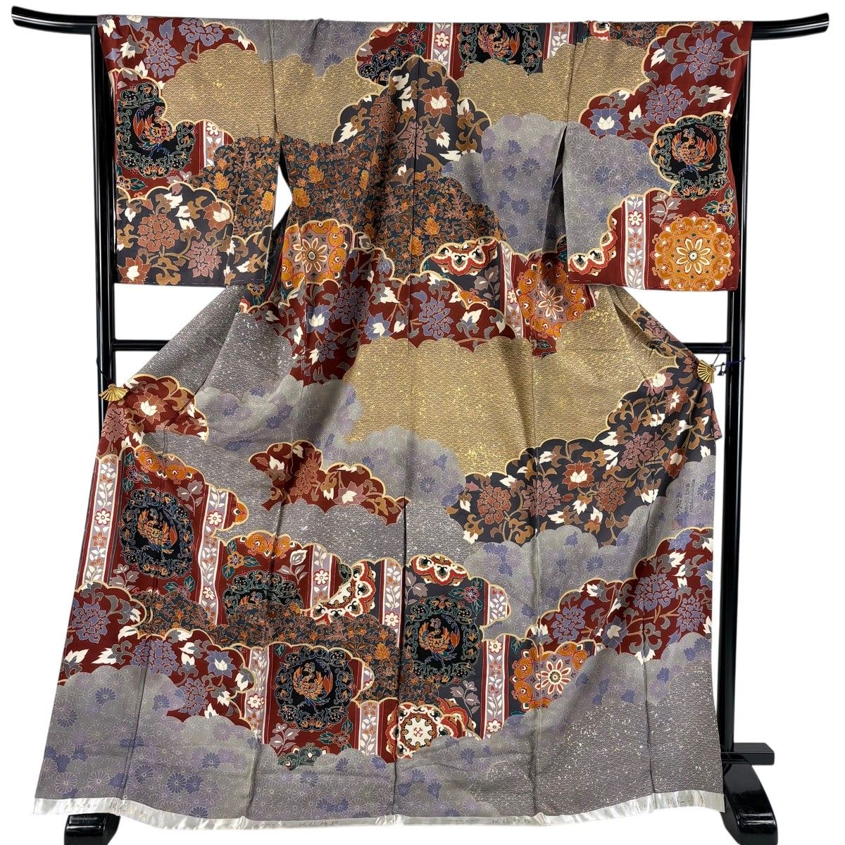 訪問着 身丈175.5cm 裄丈67.5cm 岡山武子 仮絵羽 落款あり 鳳凰 雲文 金銀彩 灰紫 正絹 秀品 【中古】
