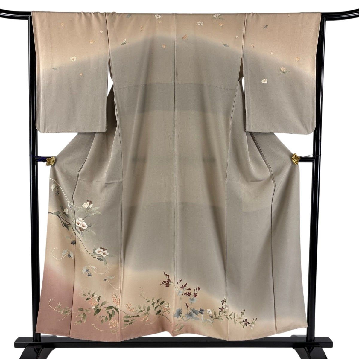 訪問着 身丈154cm 裄丈66cm M 袷 枝花 葉と実 金糸 金彩 灰茶 正絹 秀品 【中古】