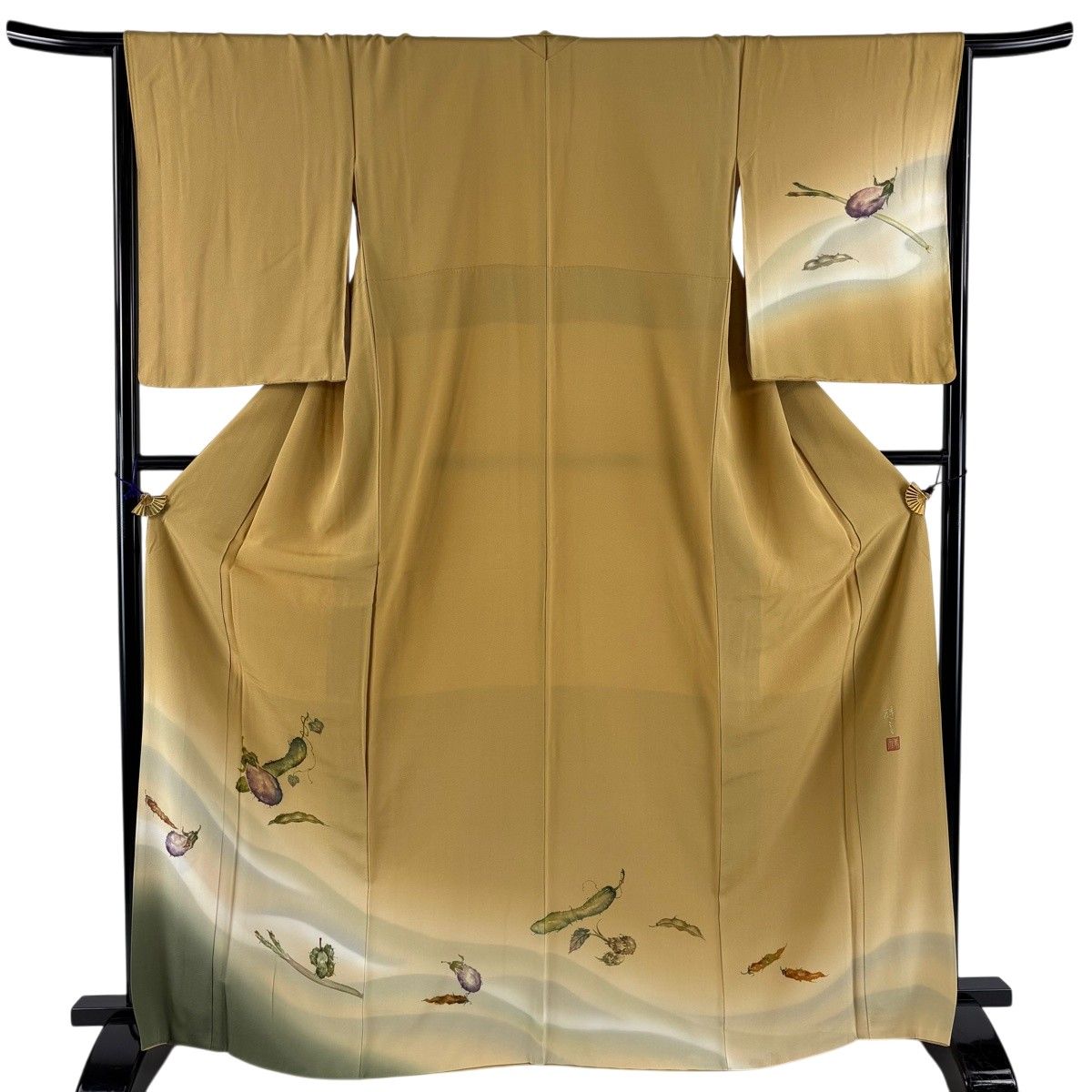 【美品】 付下げ 身丈167cm 裄丈66cm M 袷 落款 胡瓜 茄子 ぼかし 黄土色 正絹 秀品 【中古】