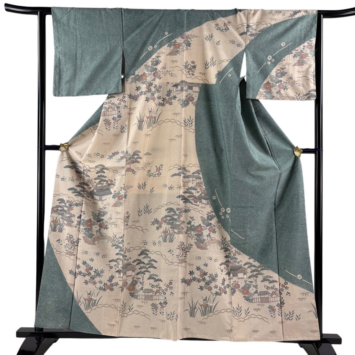 【美品】 訪問着 身丈161cm 裄丈63cm S 袷 紬地 松竹梅 建物 絞り ベージュ 正絹 秀品 【中古】