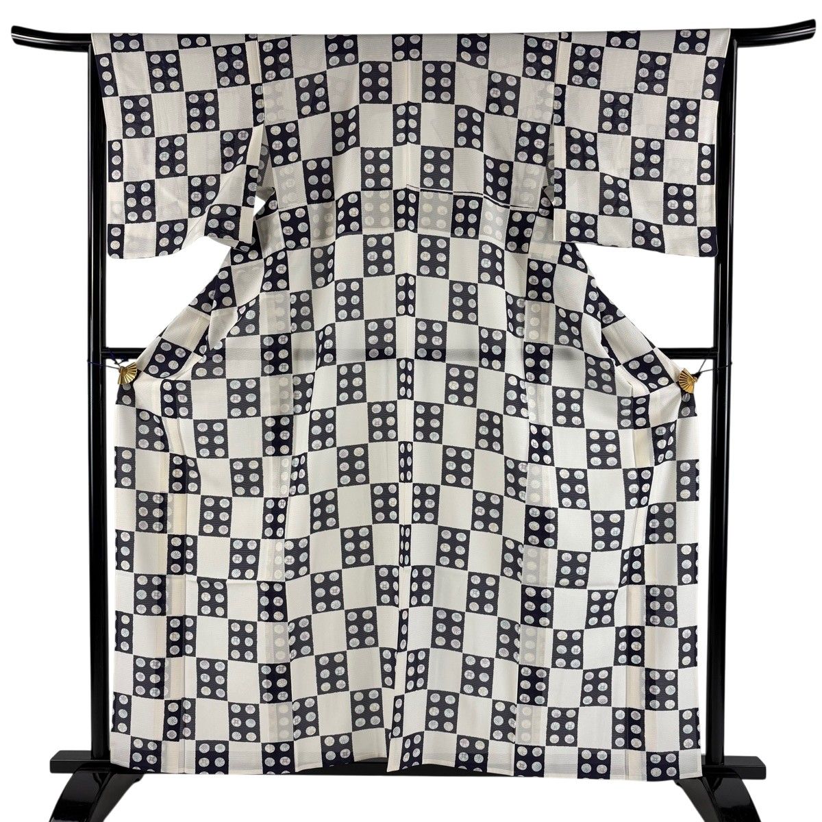 小紋 身丈160.5cm 裄丈65.5cm M 薄物 ますいわ屋 絽 変わり市松 丸文 クリーム 正絹 秀品 【中古】