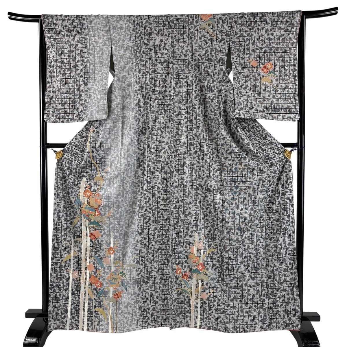 【美品】 訪問着 身丈165.5cm 裄丈65.5cm M 袷 松竹梅 金糸 金彩 黒灰 正絹 秀品 【中古】