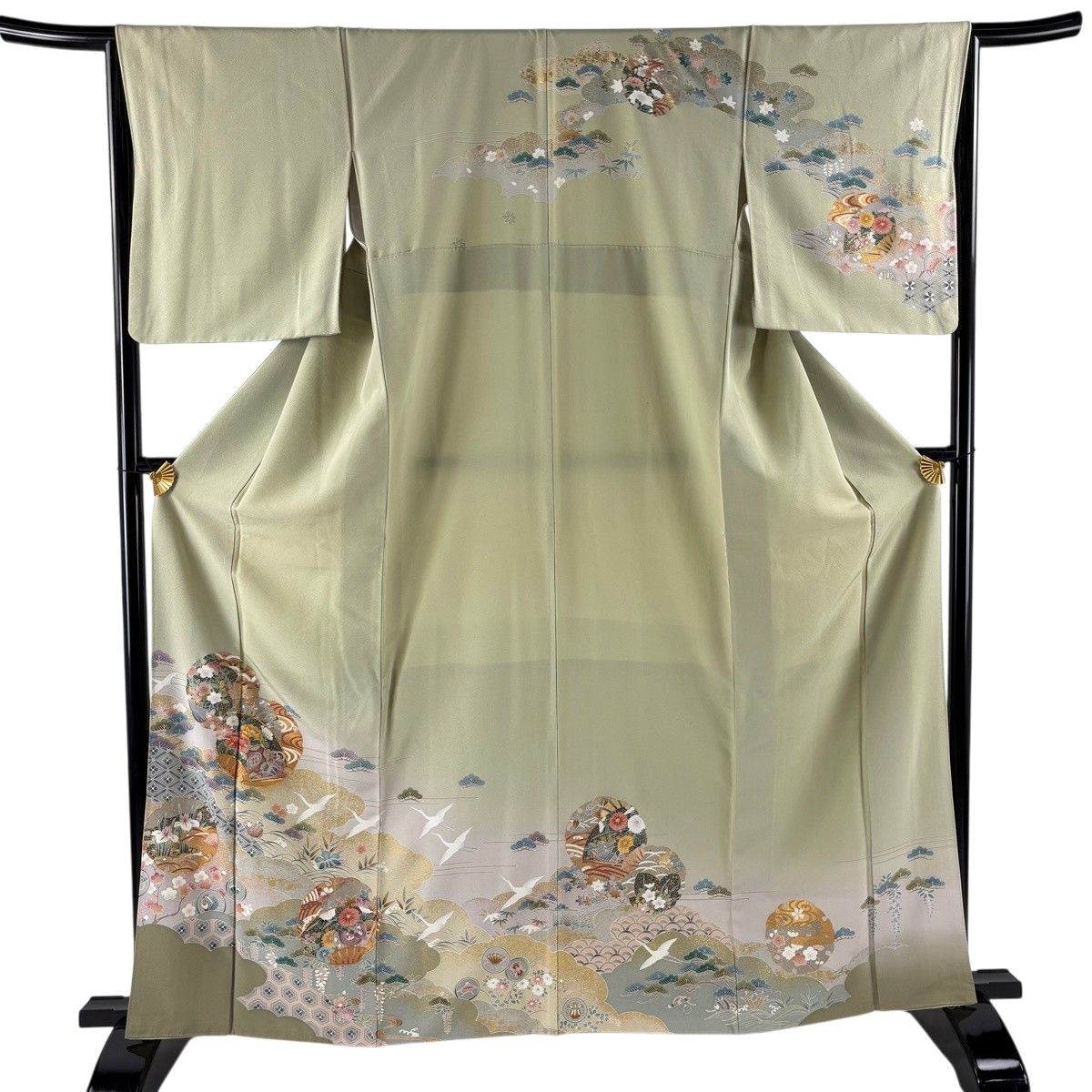 【美品】 訪問着 身丈163cm 裄丈65.5cm M 袷 雪輪 草花 金糸 金彩 灰緑 正絹 秀品 【中古】