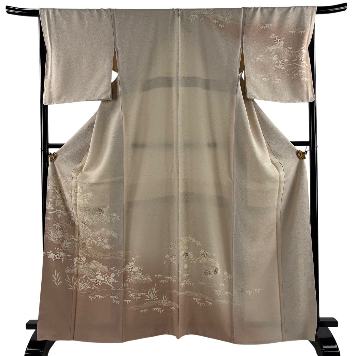 【美品】 訪問着 身丈165cm 裄丈68cm L 袷 橘 松竹梅 金糸 金彩 ベージュ 正絹 秀品 一つ紋 【中古】