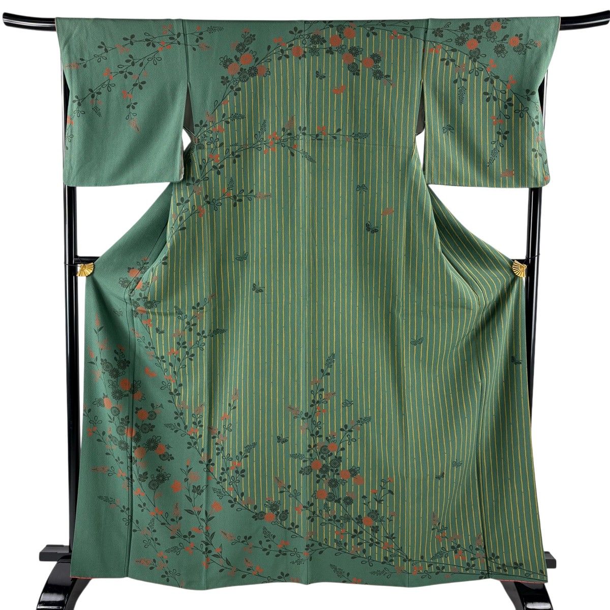 訪問着 身丈165.5cm 裄丈68cm L 袷 菊 萩 緑 正絹 秀品 【中古】