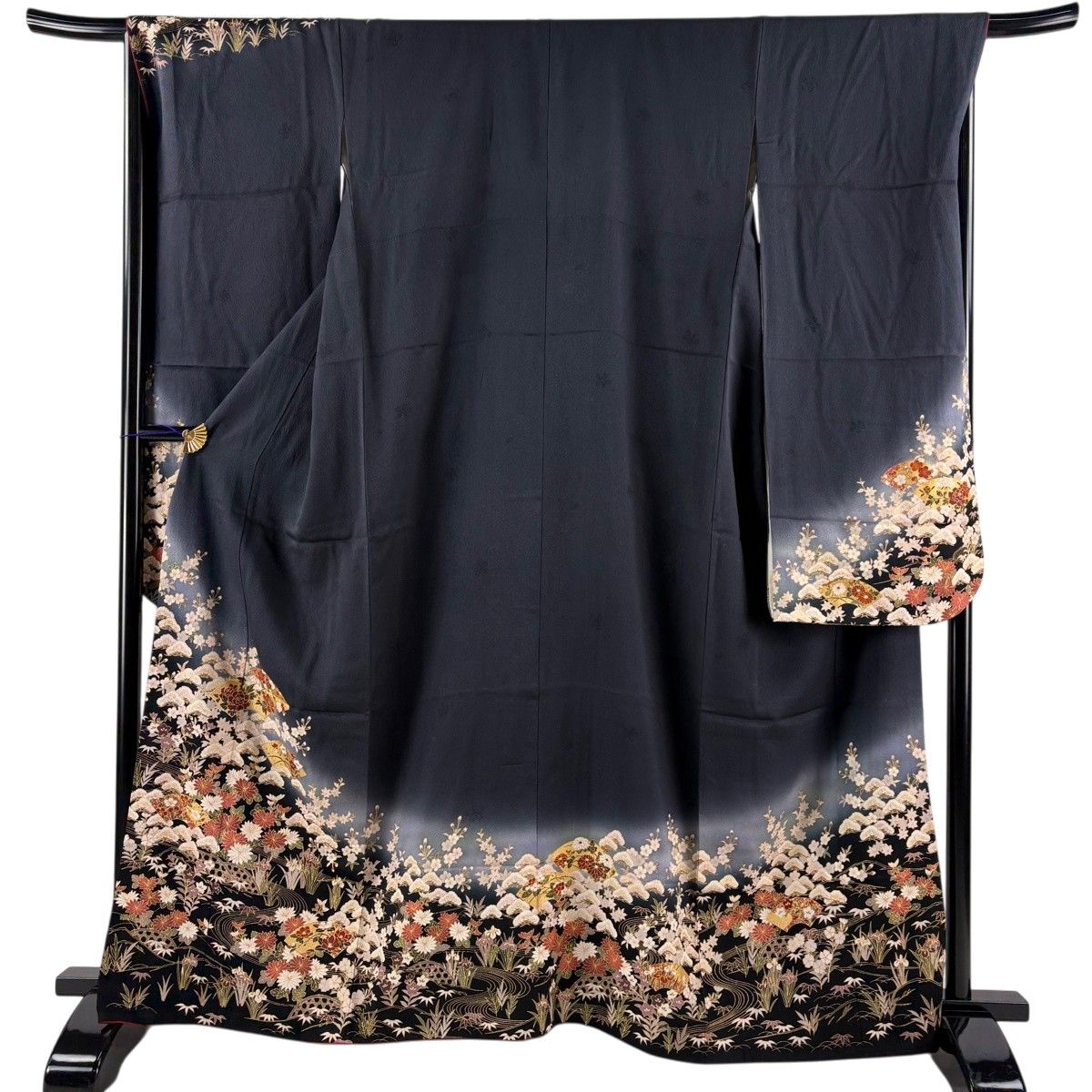 振袖 身丈161.5cm 裄丈68.5cm L 袷 鈴乃屋 扇面 草花 金彩 ぼかし 墨色 正絹 秀品 【中古】