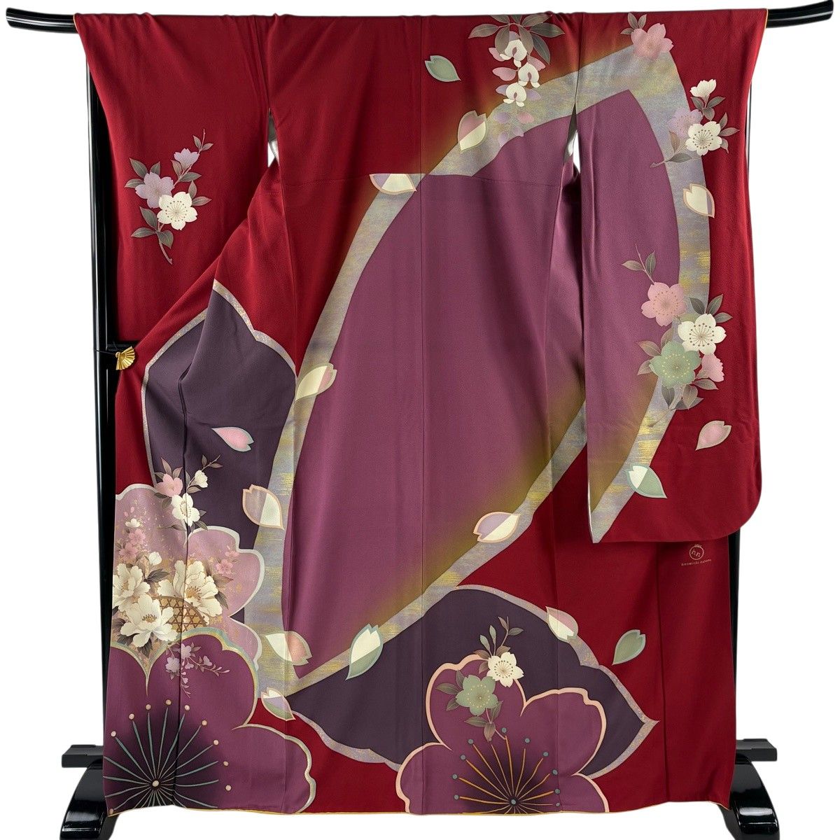 【美品】 振袖 身丈170cm 裄丈70.5cm L 袷 hiromichi nakano 落款 牡丹 桜 金彩 箔 赤 正絹 秀品 【中古】