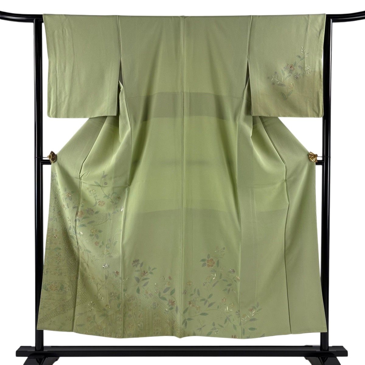 【美品】 訪問着 身丈151cm 裄丈63.5cm S 袷 花唐草 華文 刺繍 ぼかし 薄緑 正絹 秀品 【中古】