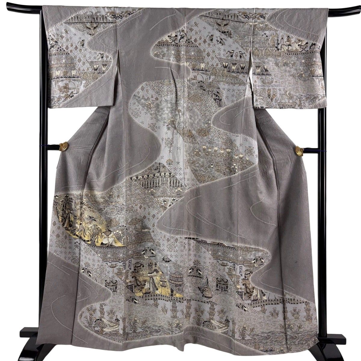 訪問着 身丈162.5cm 裄丈67cm M 袷 コプト柄 金彩 灰紫 正絹 秀品 【中古】
