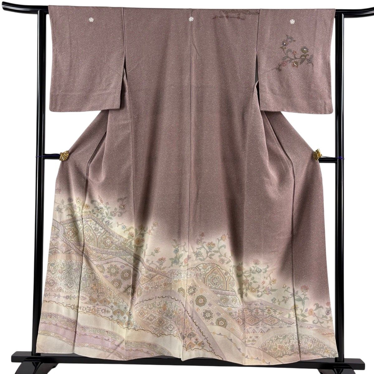 訪問着 身丈157cm 裄丈62cm S 袷 華文 草花 金糸 刺繍 小豆色 正絹 秀品 三つ紋 【中古】