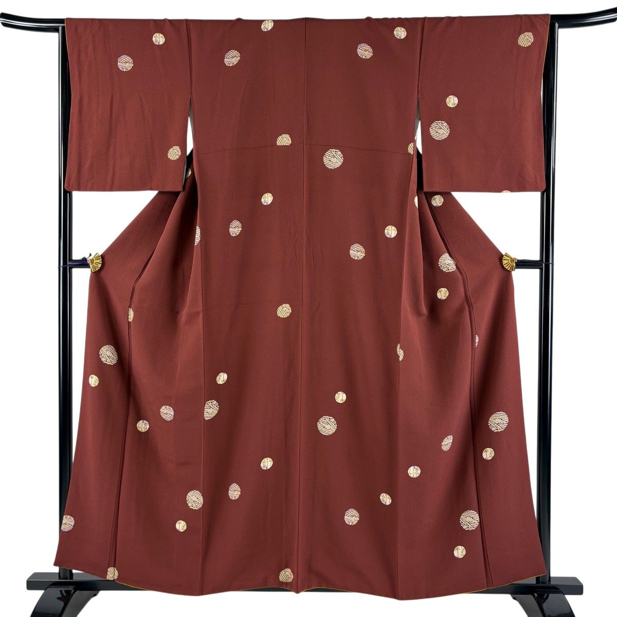 【美品】 小紋 身丈158cm 裄丈63.5cm S 袷 丸文 花 赤茶 正絹 秀品 【中古】