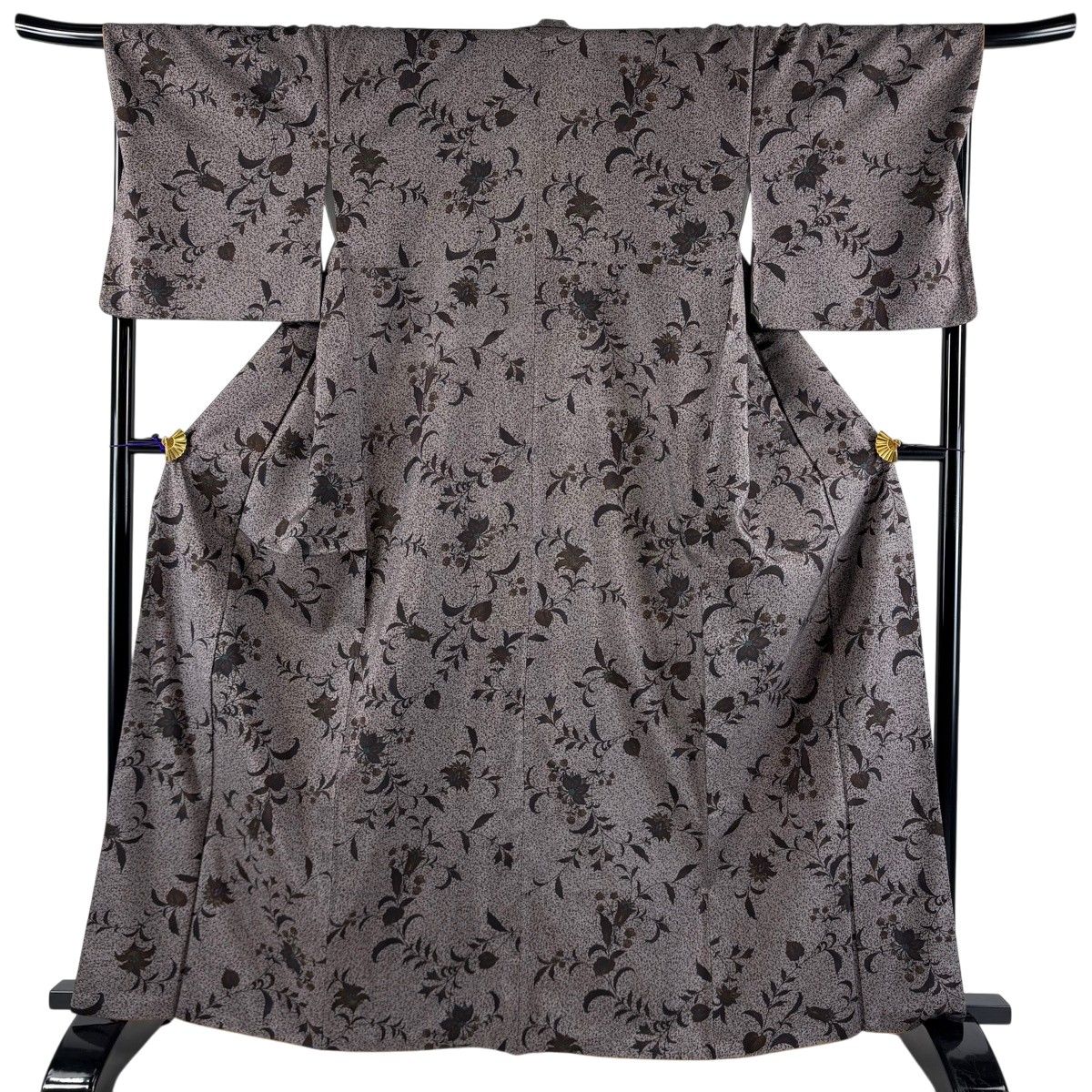 【美品】 小紋 身丈165cm 裄丈69cm L 袷 紬地 花唐草 灰茶 正絹 秀品 【中古】
