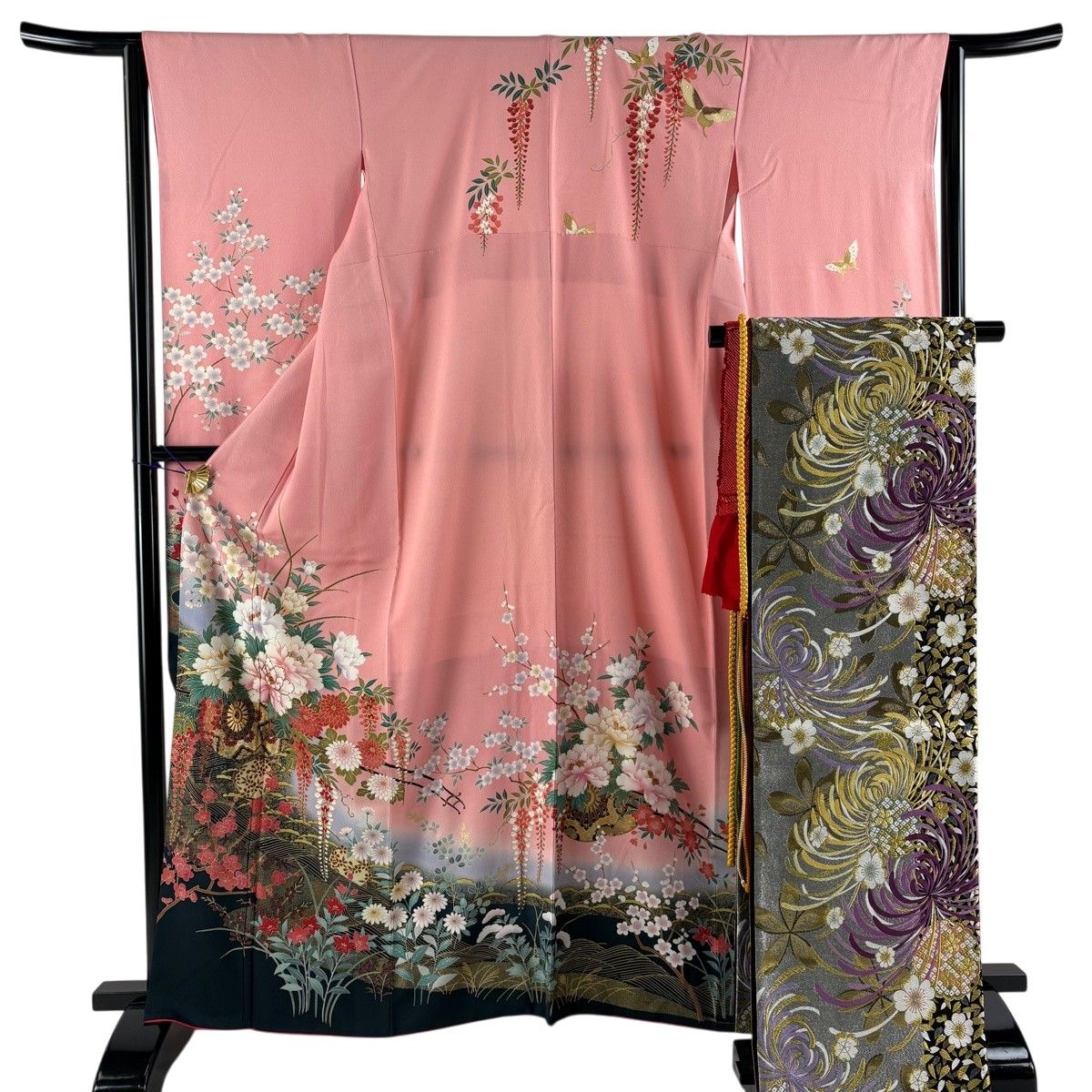振袖 身丈164.5cm 裄丈65.5cm M 袷 袋帯フルセット 花車 波 金彩 金糸 ピンク 正絹 秀品 【中古】