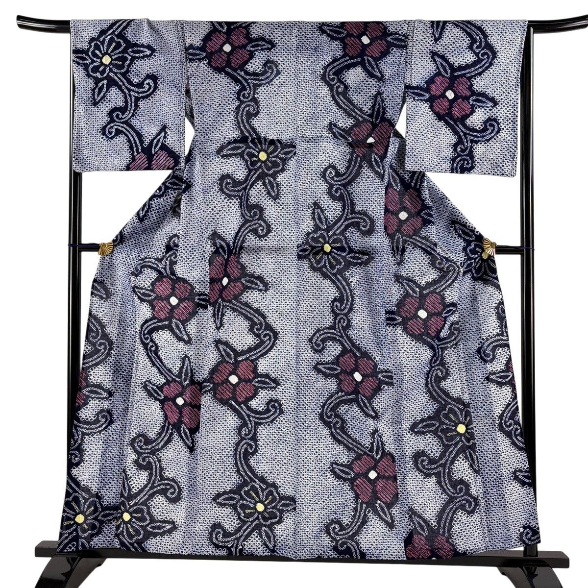 【美品】 浴衣 身丈159cm 裄丈66.5cm M 絞り浴衣 花唐草 紺色 綿 名品 【中古】