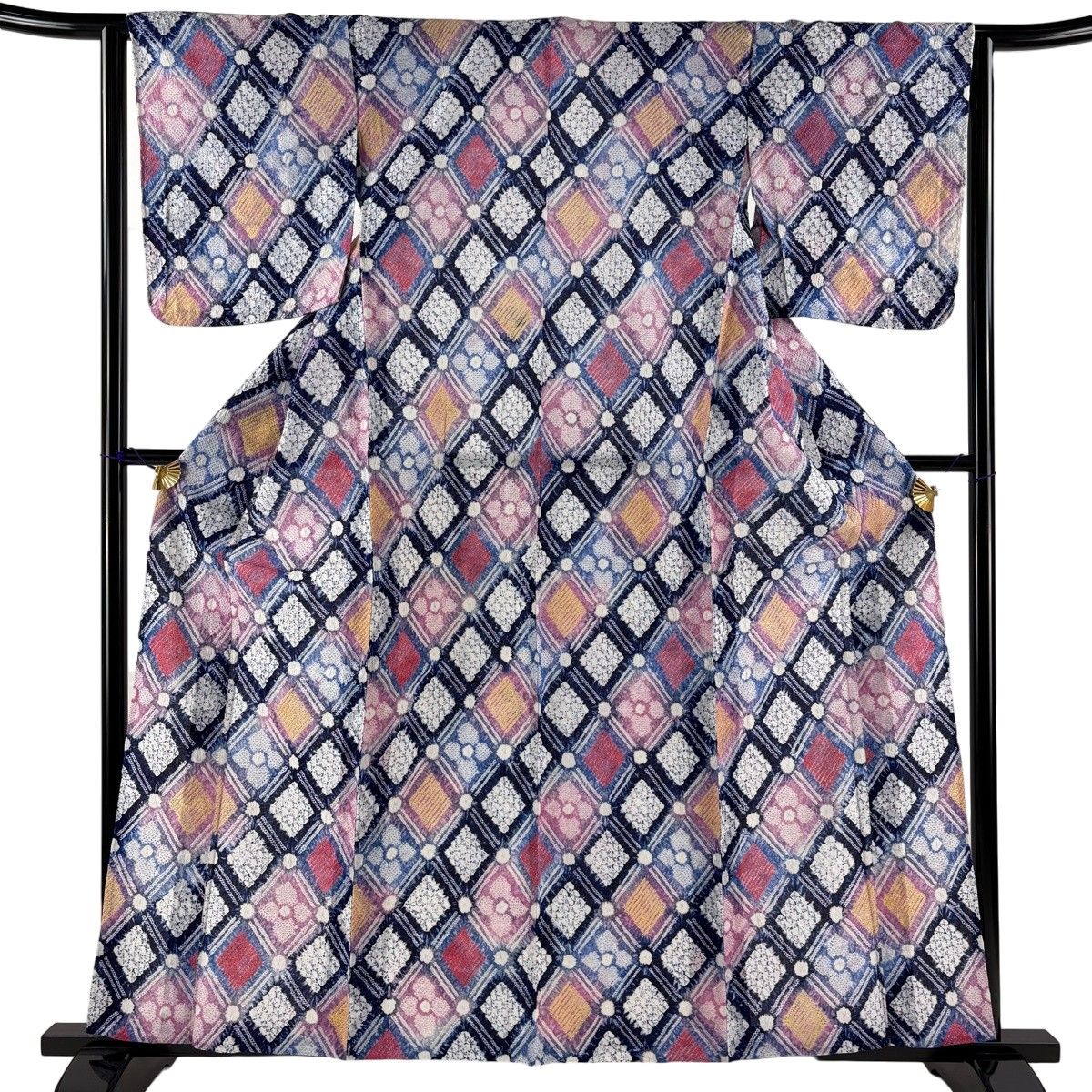 浴衣 身丈160cm 裄丈62.5cm S 絞り浴衣 菱 紺色 綿 名品 【中古】