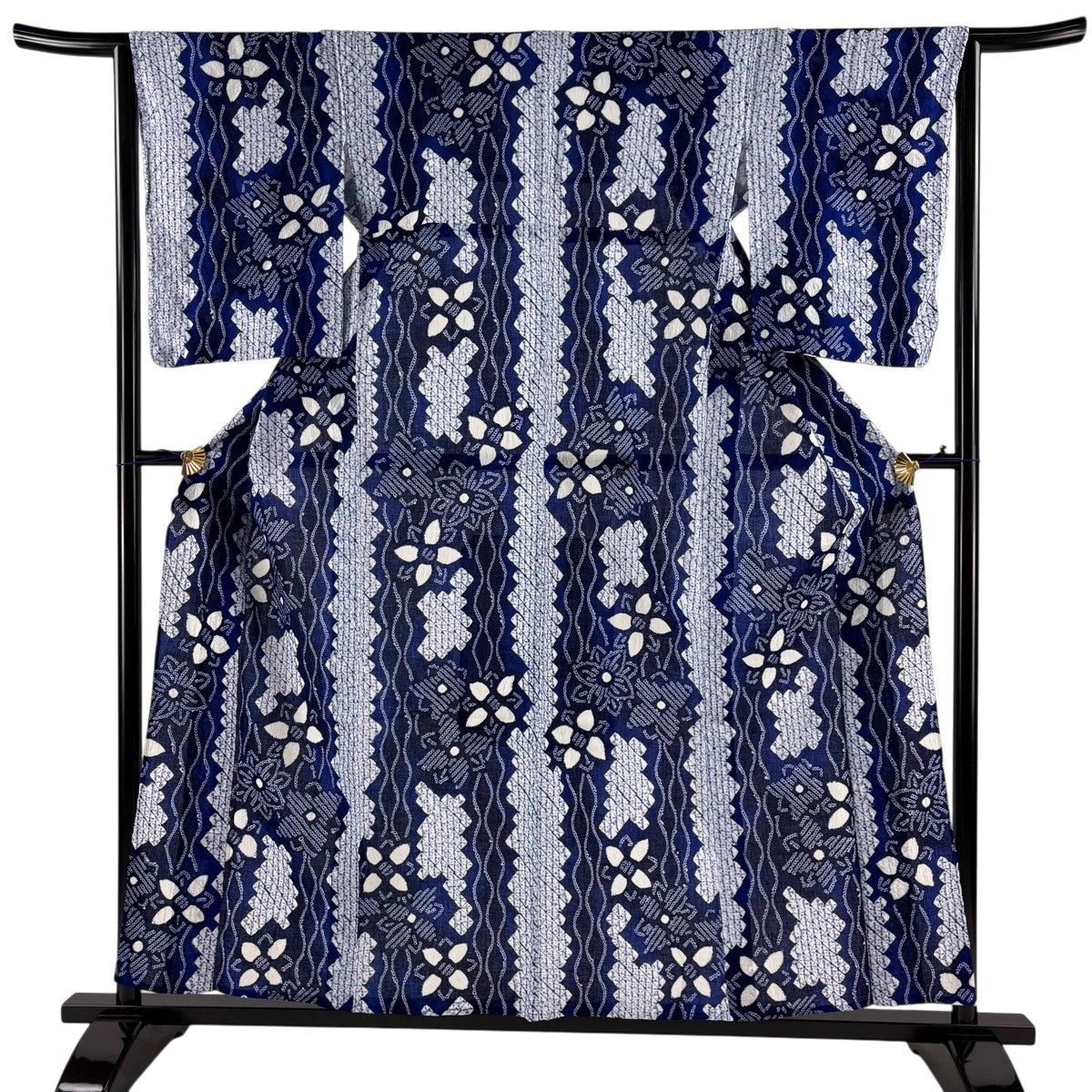 【美品】 浴衣 身丈157cm 裄丈64cm M 草花 立涌 青 綿 名品 【中古】
