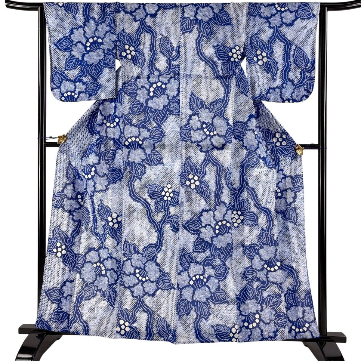 【美品】 浴衣 身丈160cm 裄丈63cm S 絞り浴衣 草花 絞り 青 綿 名品 【中古】