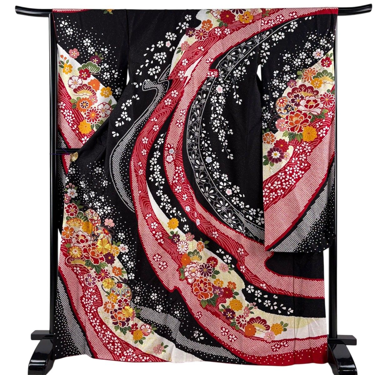 【美品】 振袖 身丈168cm 裄丈67cm M 袷 草花 手鞠 銀通し 金彩 黒 正絹 逸品 【中古】