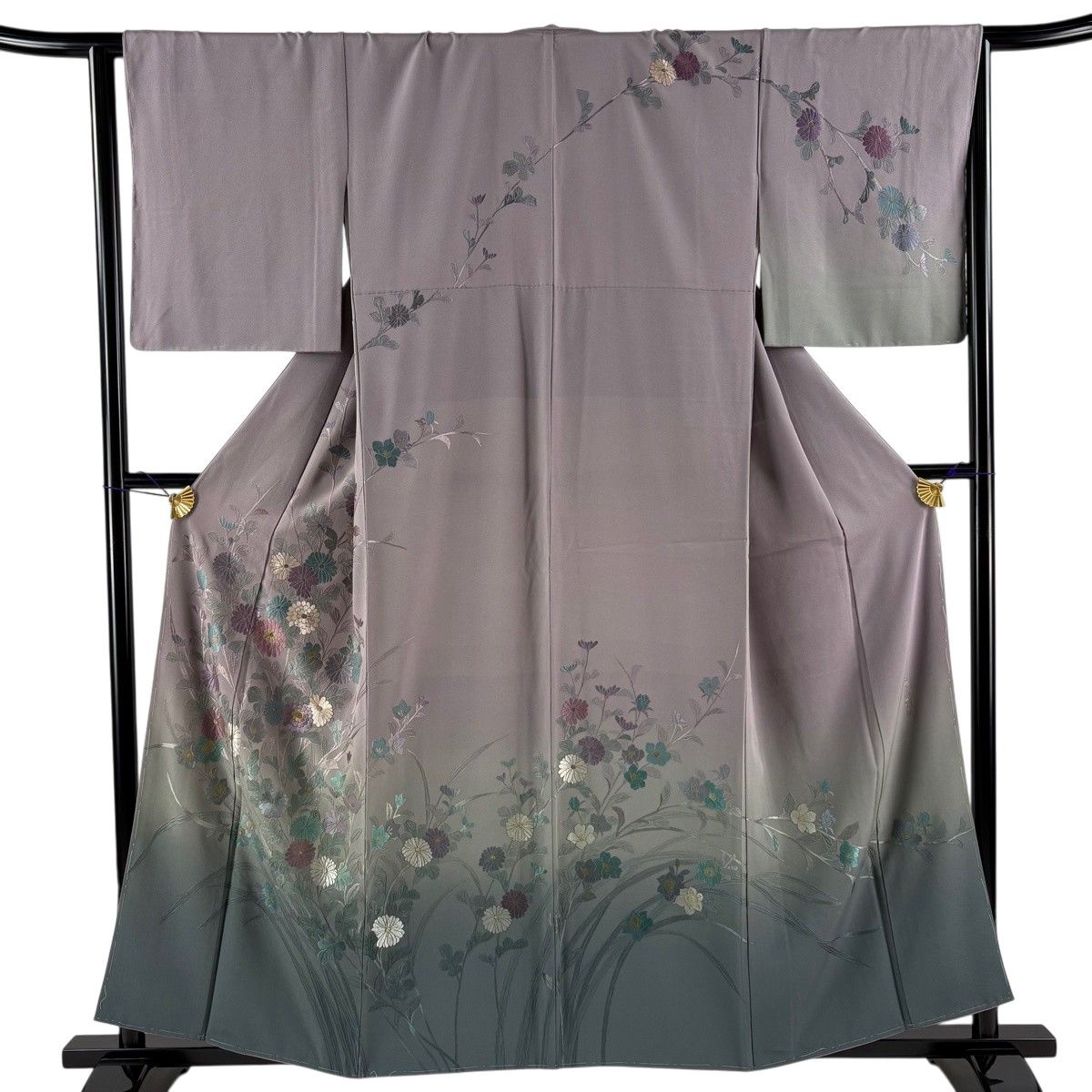 訪問着 身丈158.5cm 裄丈65cm M 袷 菊 桔梗 刺繍 金糸 灰紫 正絹 逸品 【中古】