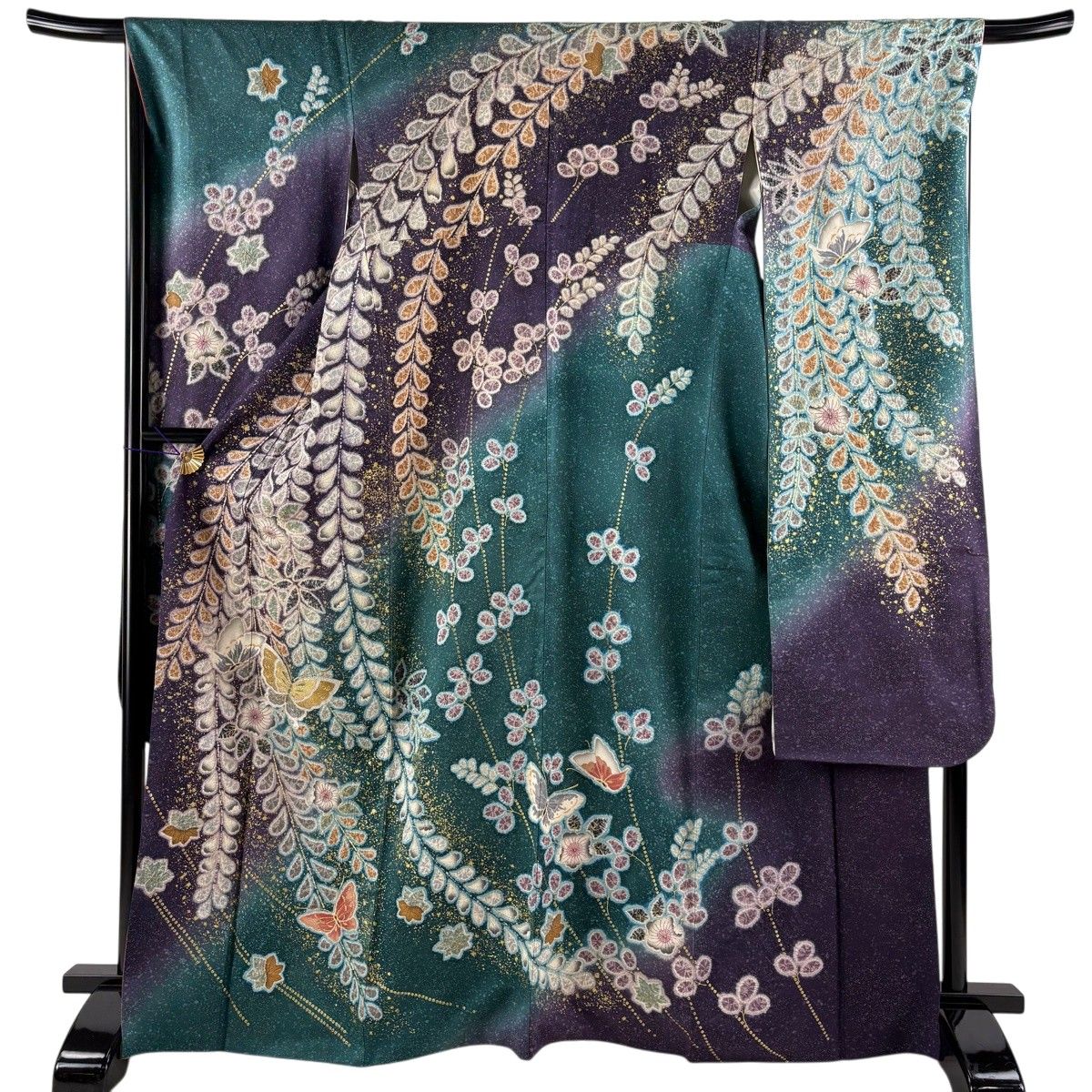 振袖 身丈166cm 裄丈68.5cm L 袷 蝶 草花 金彩 銀通し 紫 正絹 逸品 【中古】