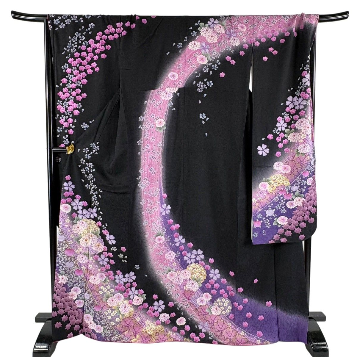 振袖 身丈167.5cm 裄丈69.5cm L 袷 菊 雪輪 金糸 金彩 黒 正絹 名品 【中古】