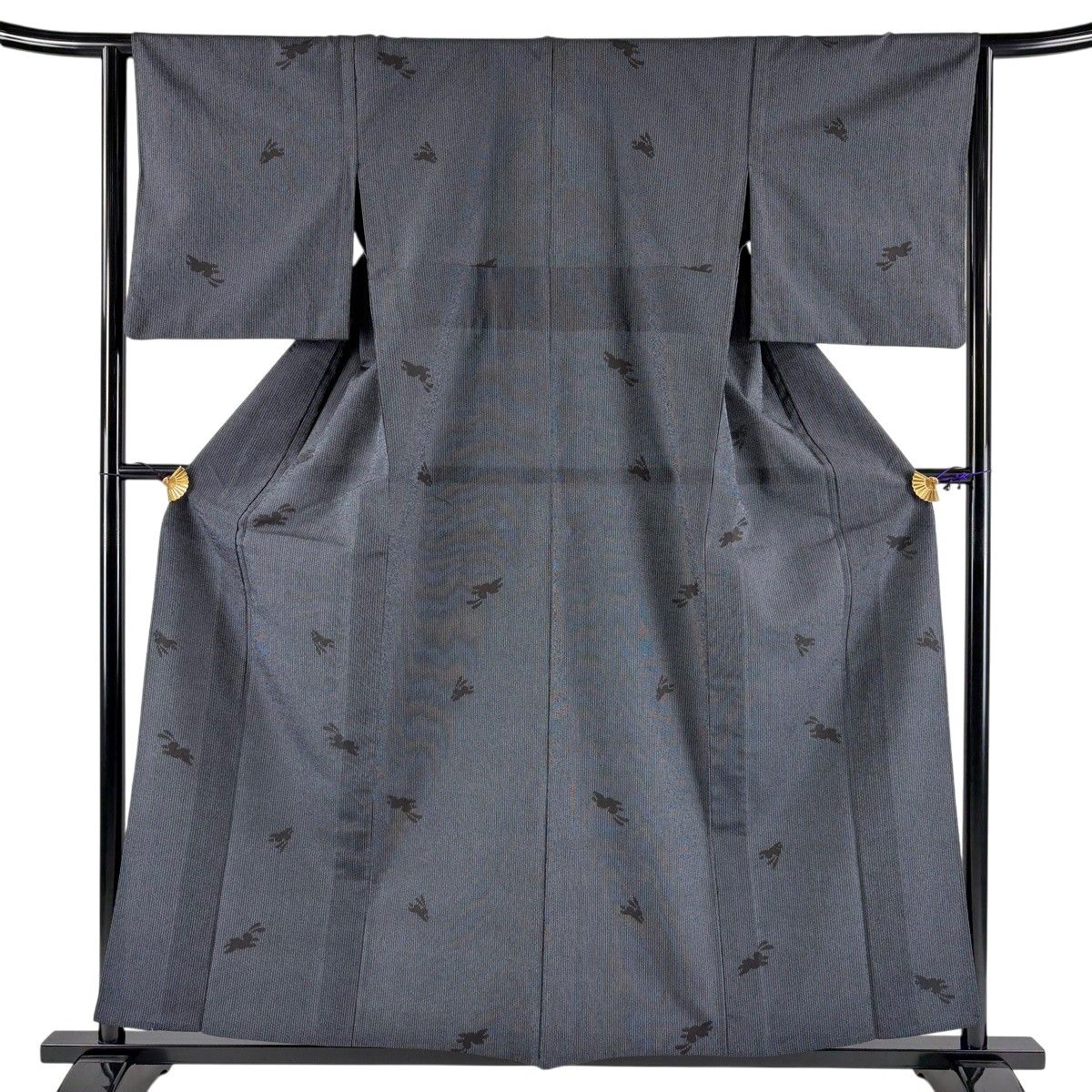 【美品】 紬 身丈157.5cm 裄丈64cm M 単衣 塩沢絣 証紙 うさぎ 縦縞 紺色 正絹 名品 【中古】