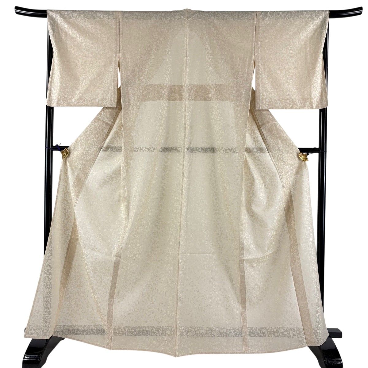 【美品】 小紋 身丈166cm 裄丈67cm M 薄物 紋紗 草花 ベージュ 正絹 名品 【中古】