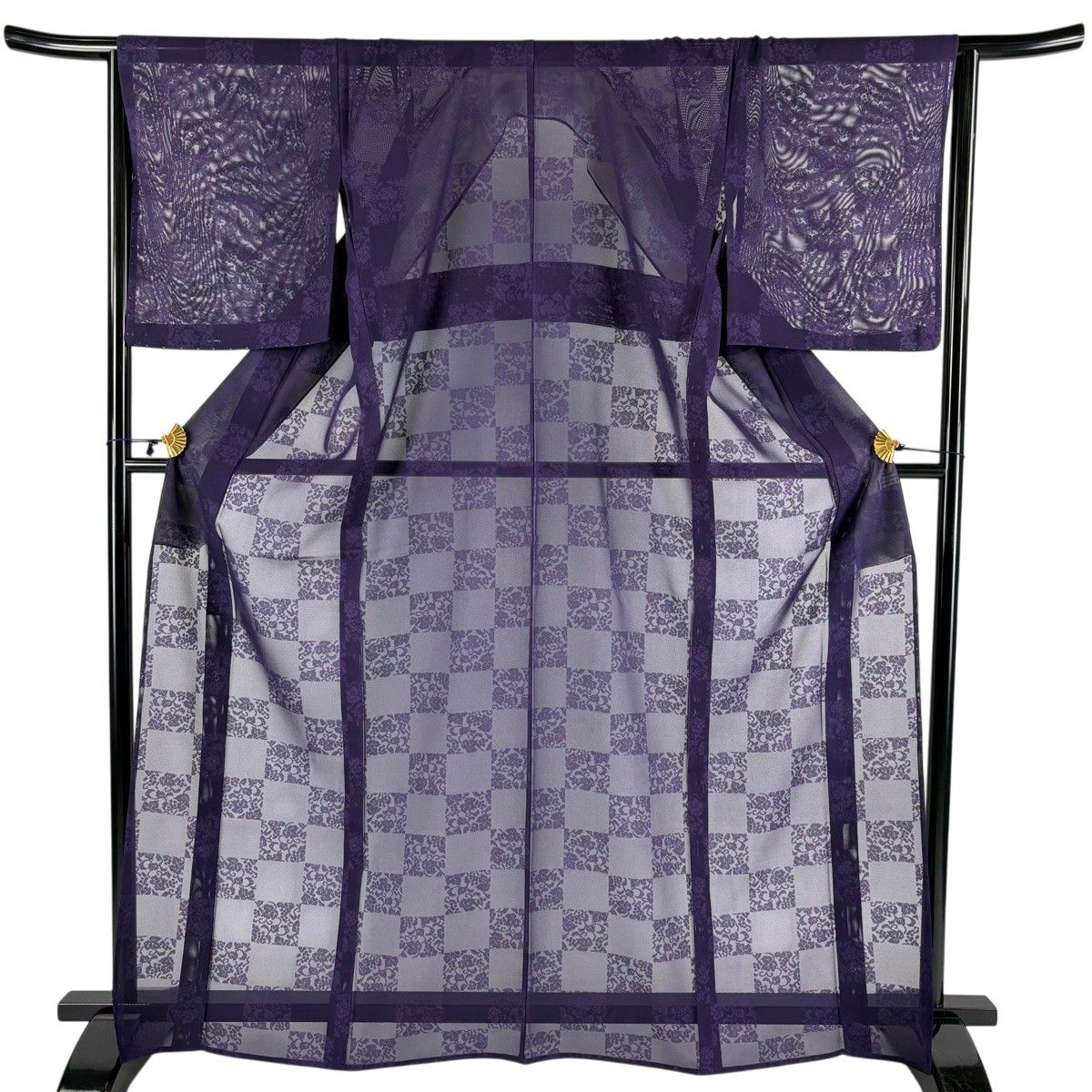 【美品】 小紋 身丈167cm 裄丈66.5cm M 薄物 紗 葡萄 市松 紫 正絹 名品 【中古】