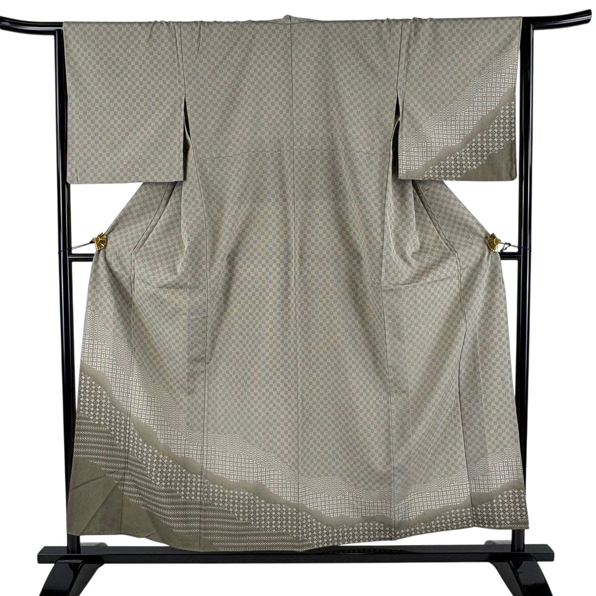 【美品】 付下げ 身丈156.5cm 裄丈65cm M 単衣 落款 市松模様 菱 ぼかし 灰緑 正絹 名品 【中古】