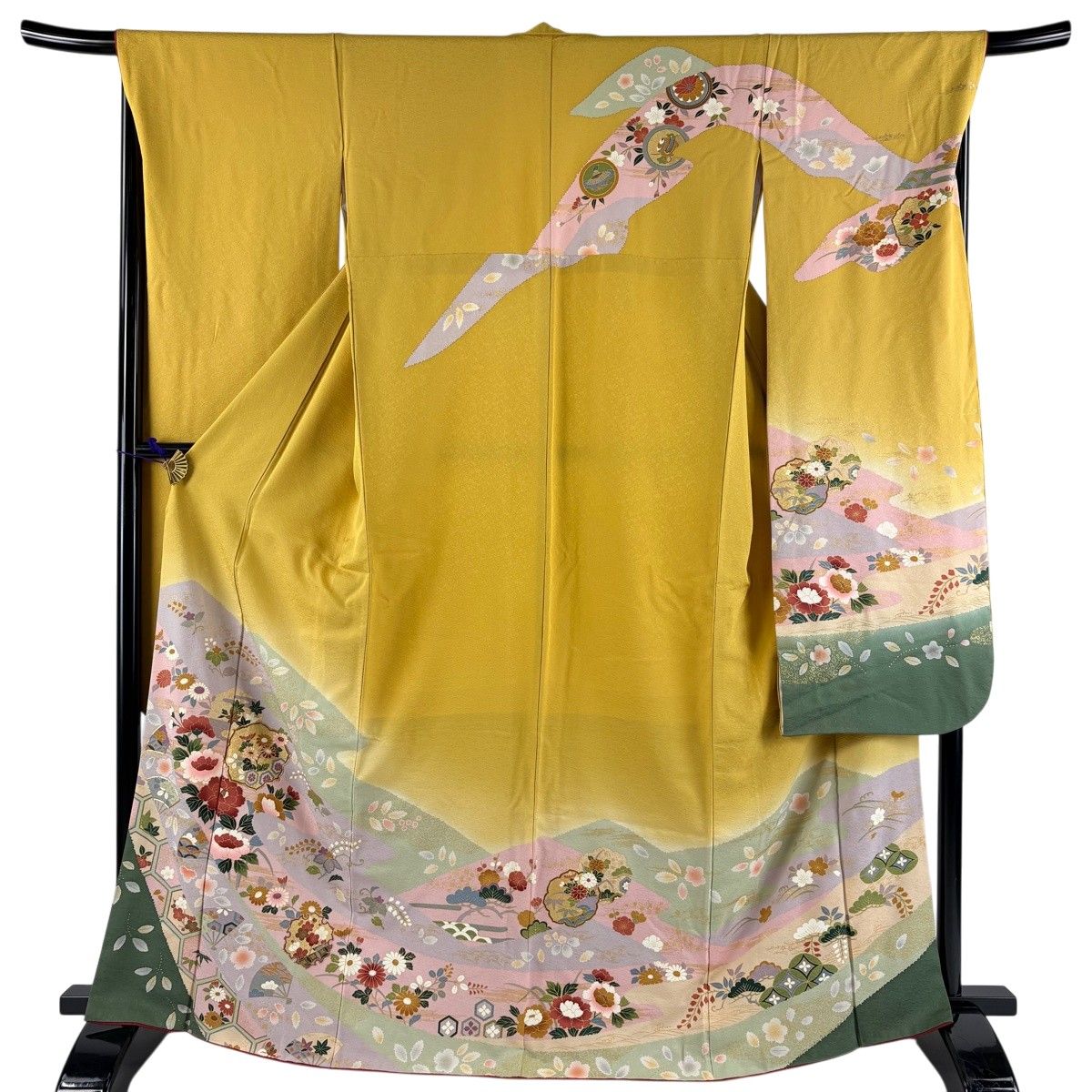 振袖 身丈166cm 裄丈68.5cm L 袷 草花 霞 金糸 金彩 からし色 正絹 名品 【中古】