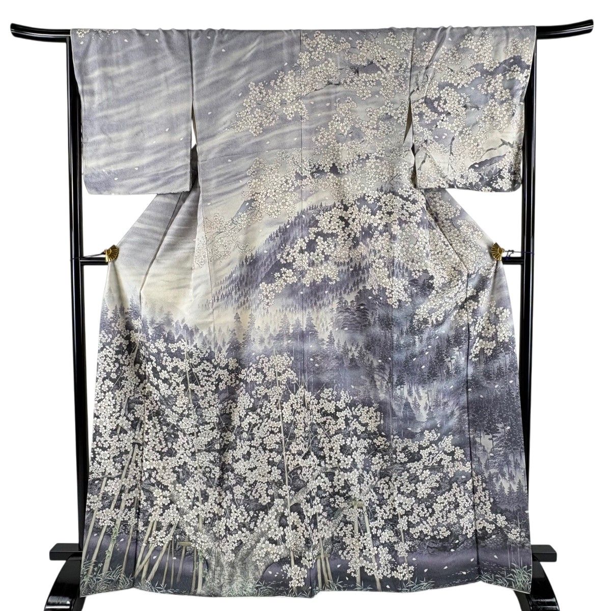 【美品】 訪問着 身丈166.5cm 裄丈66.5cm M 袷 山岡古都 落款 桜 松 銀通し 染め分け 紫 正絹 名品 【中古】