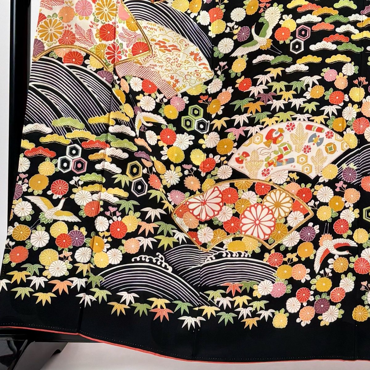 振袖 身丈162cm 裄丈63.5cm S 袷 扇面 花鳥 金糸 金彩 黒 正絹 名品