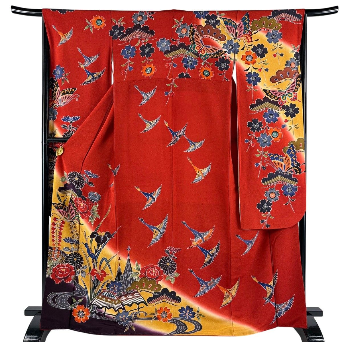【美品】 振袖 身丈166cm 裄丈65cm M 袷 草花 蝶 染め分け ぼかし 朱色 正絹 名品 【中古】