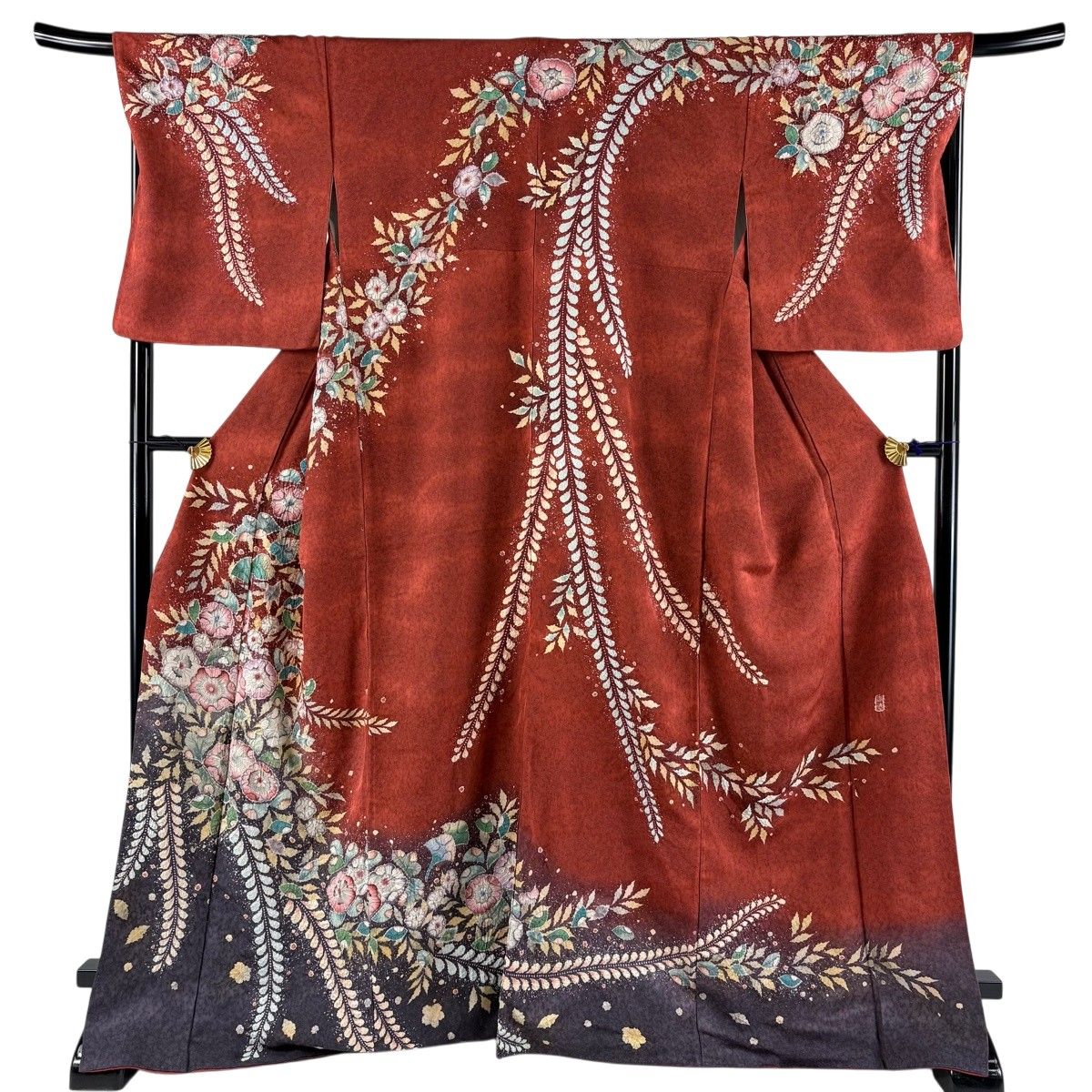 訪問着 身丈168cm 裄丈69cm L 袷 落款 辻が花 銀通し ぼかし 赤茶 正絹 名品 【中古】