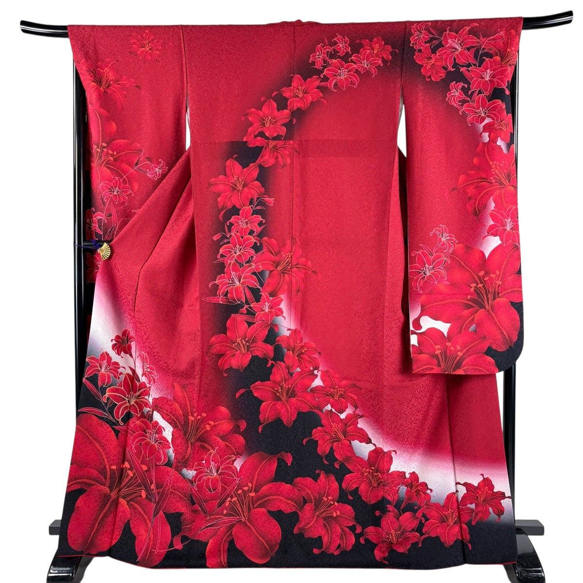 【美品】 振袖 身丈167cm 裄丈68cm L 袷 百合 銀通し 金彩 赤 正絹 名品 【中古】