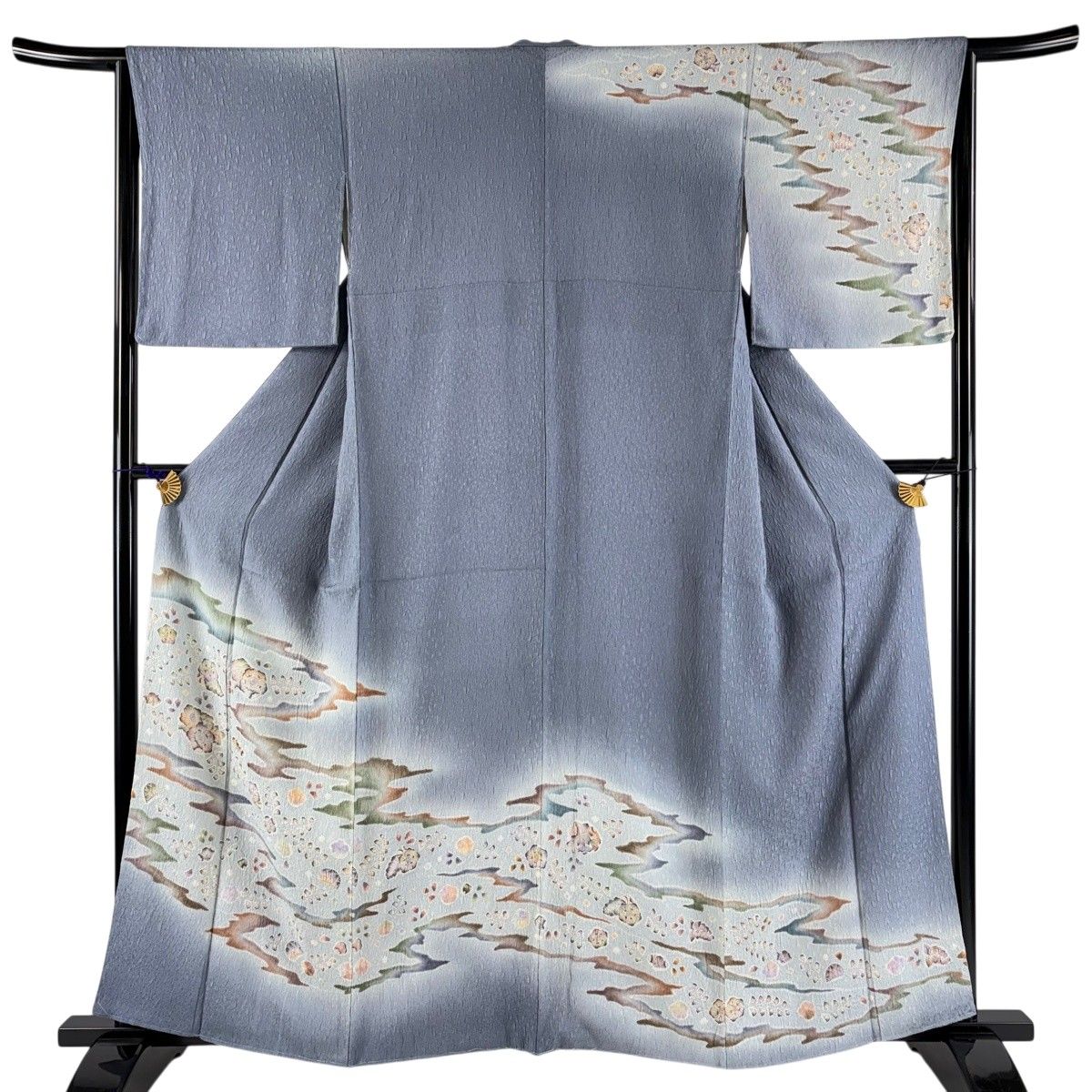 訪問着 身丈159cm 裄丈65cm M 袷 辻が花柄 霞 絞り ぼかし 青灰色 正絹 名品 【中古】