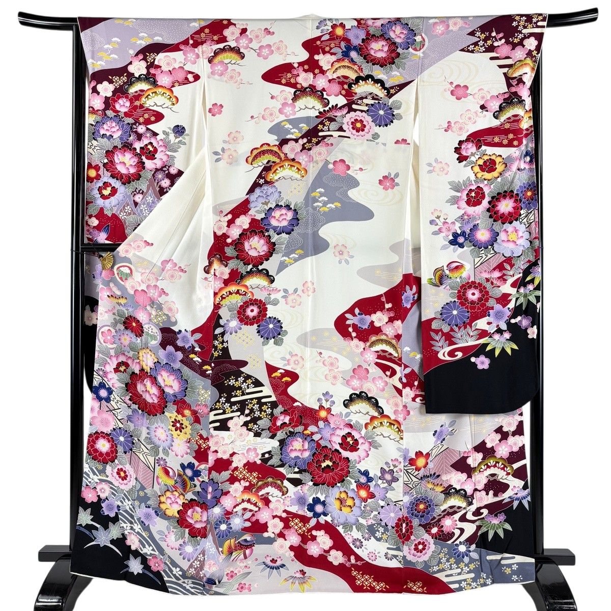 【美品】 振袖 身丈165.5cm 裄丈66cm M 袷 牡丹 松竹梅 染め分け クリーム 正絹 名品 【中古】
